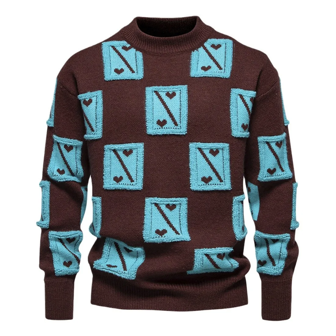 Men's Autumn and Winter New Fashion Plaid Priming Knitwear,Spell Color Thick Casual Round Neck Long-sleeve Knit Pullover Sweater