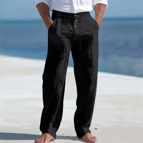 Imagen 2 del producto Pantalones de algodón de otoño y primavera para hombre, pantalones informales transpirables y acogedores, diseño de cordón con botones, pantalones largos de vacaciones de estilo playero