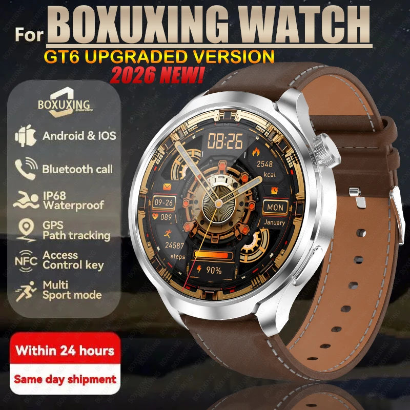 

2026 New BOXUXING Outdoor Sports Smart Watch Men AMOLED Screen NFC GPS Compass Heart rate Waterproof Bluetooth Call SmartWatch