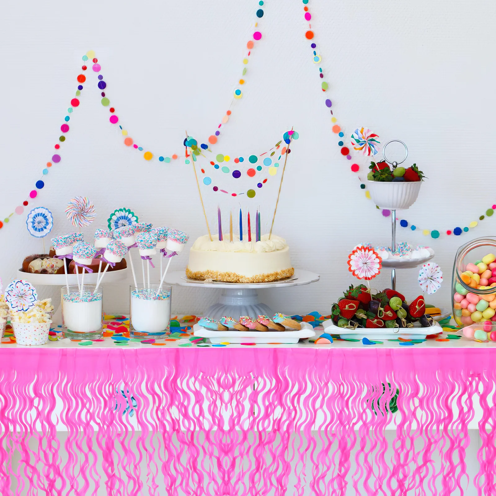 

Metallic Tinsel Fringe Skirt Decorative Tassel Table Curtain Pink Birthday Wedding Festivals Party Decor Plastic Table Skirt