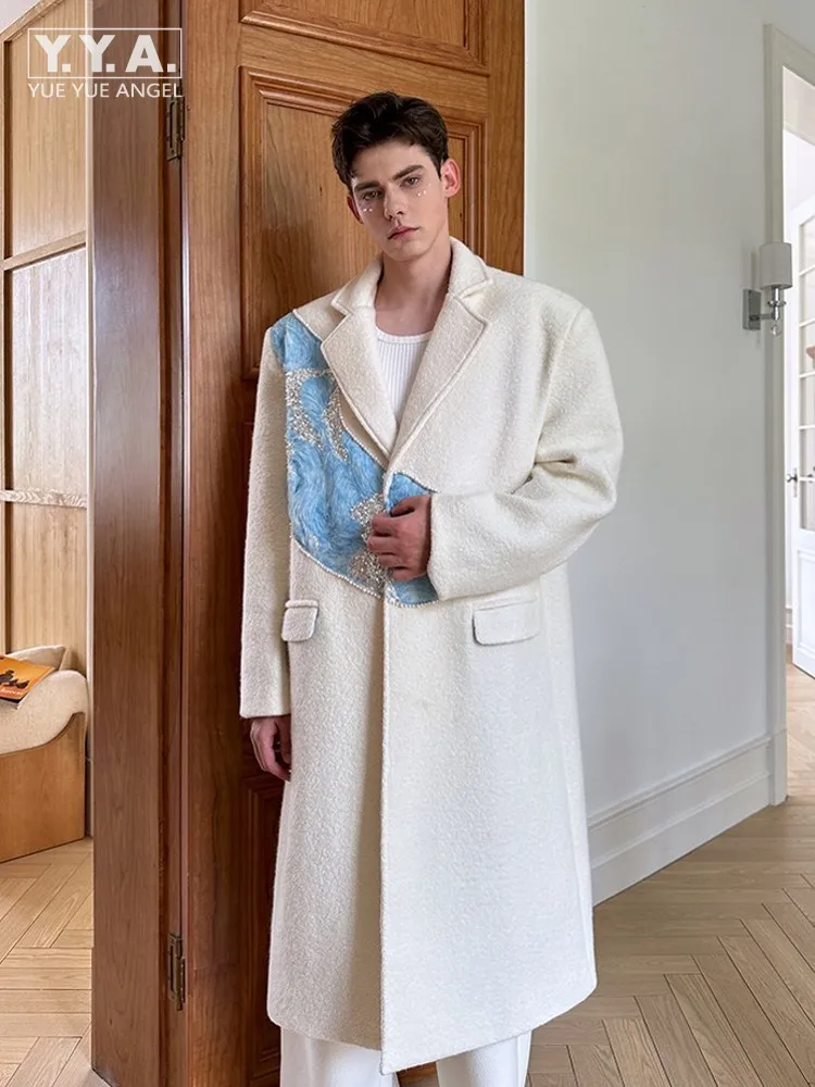 Designer Fashion Casual Male Beige White Long Sleeves Business Mid Length Coats Casual Wool Trench Coat Overcoat Loose Jacket