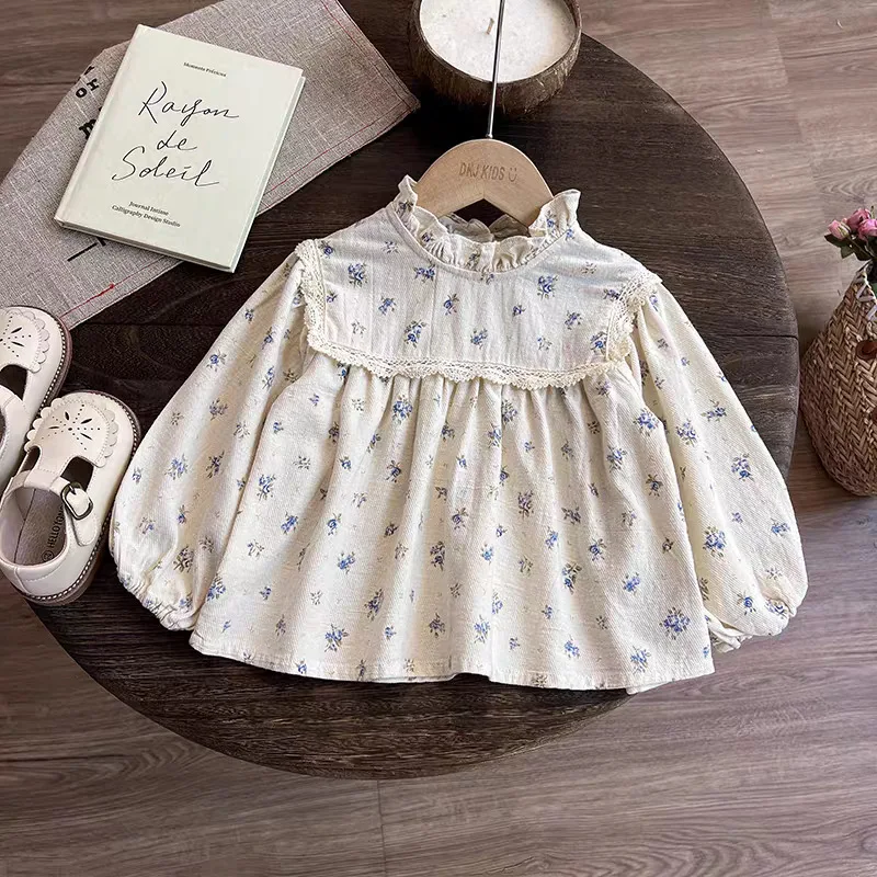 Girls 2025 autumn new children's clothing Mori girl treasure set floral doll shirt plus lace pants two-piece set