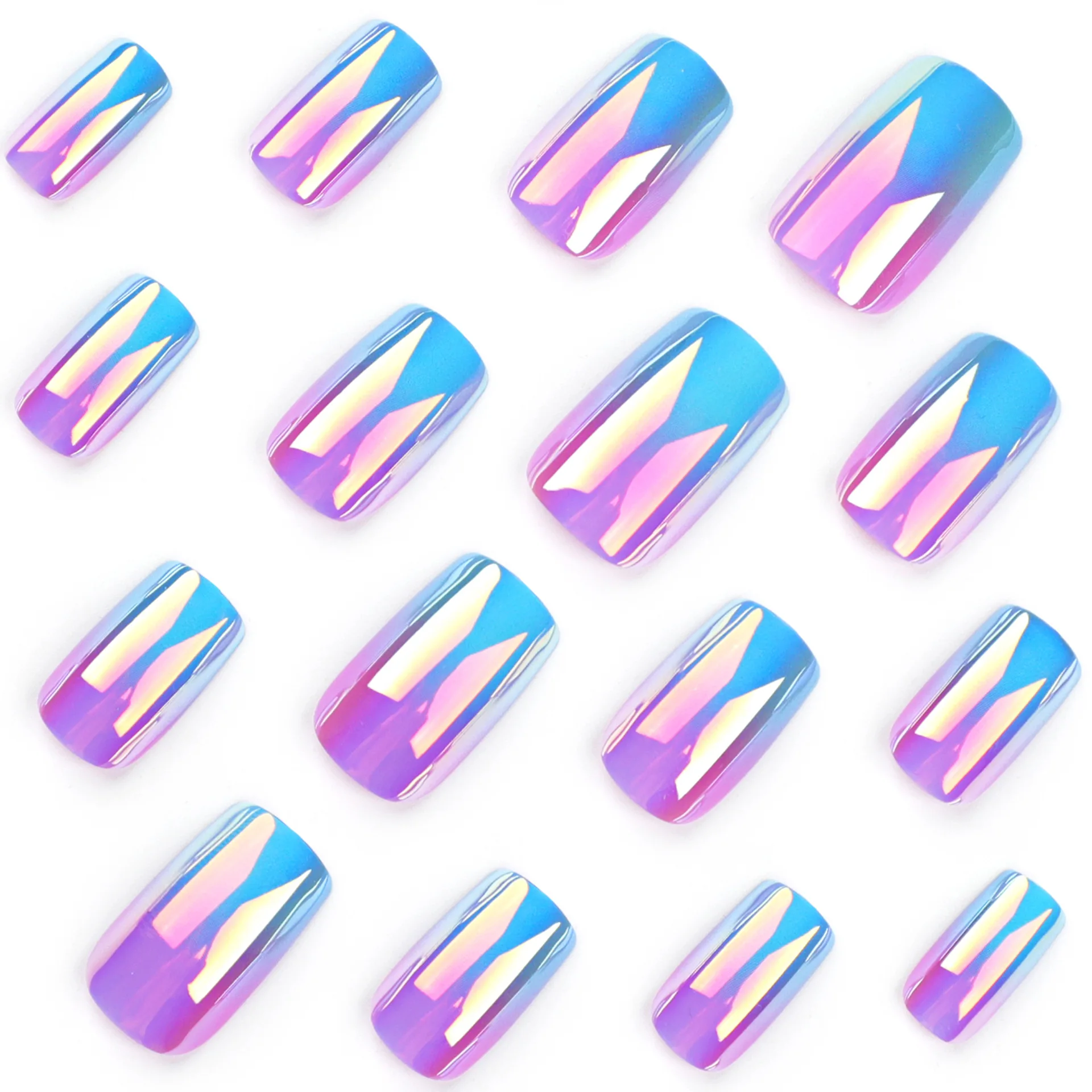 Square Medium Fake Nail Blue Purple Mirror Press on Nails Gradient Tips for Nail Art Decoration Women and Girls Manicure 24pcs