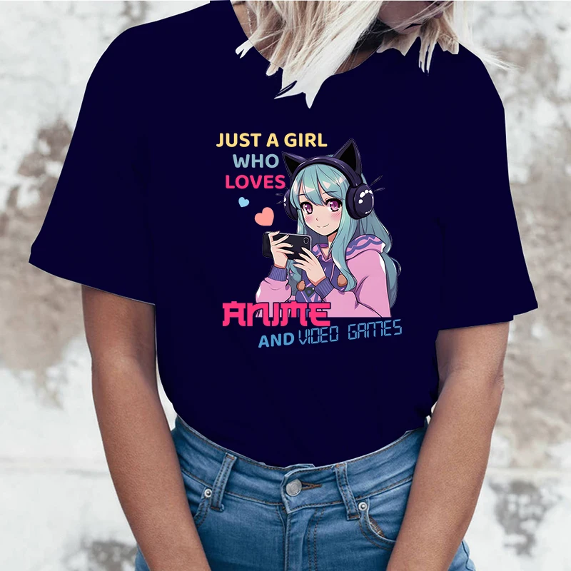 

Fashion Just A Girl Who Loves Anime And Vioco Games Print T-Shirt Casual Short Sleeve Graphic Tee Shirt Loose Harajuku T Shirt