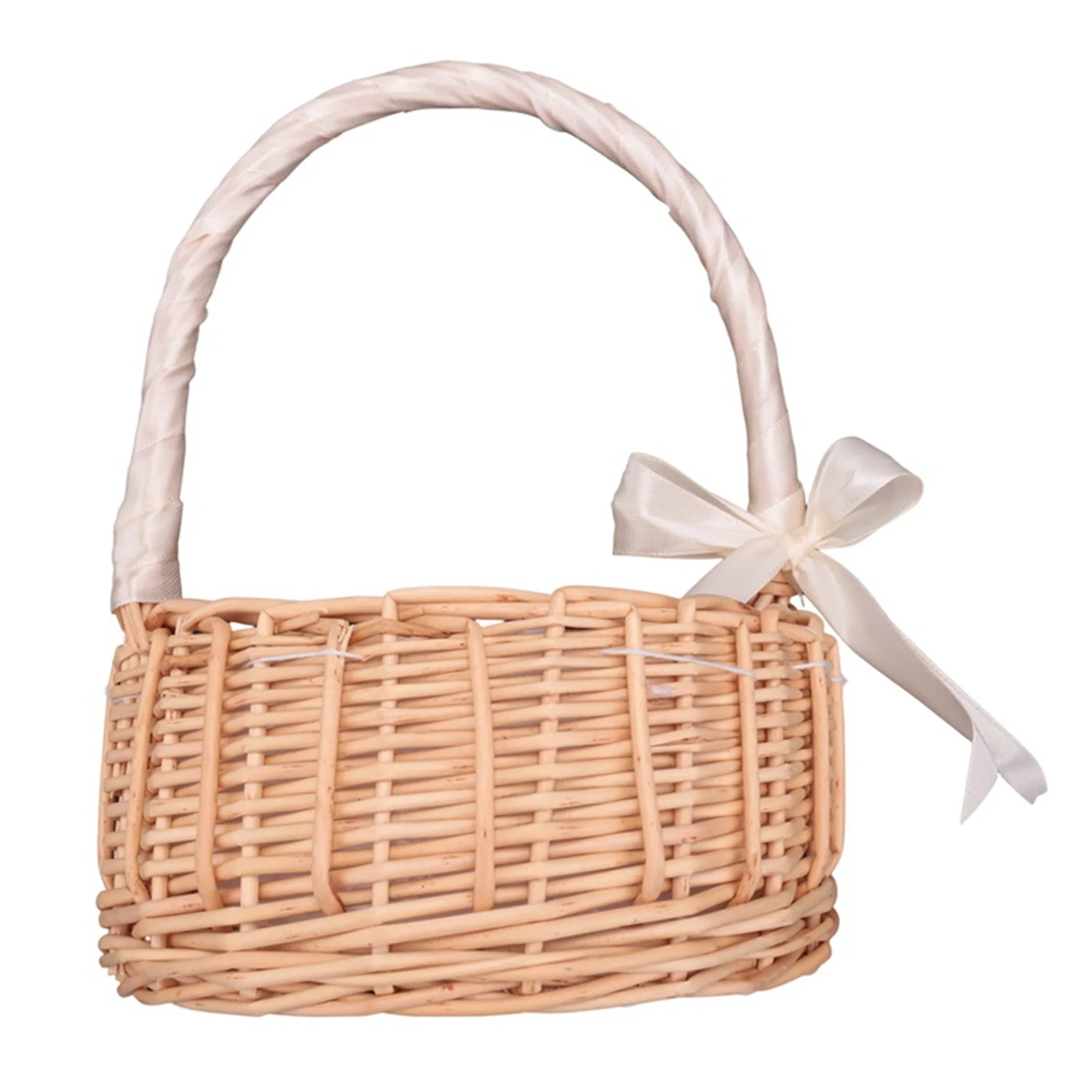 Wicker Woven Flower Basket, with Handle and White Ribbon, Wedding Flower Girl Baskets, for Home Garden Decoration(S)