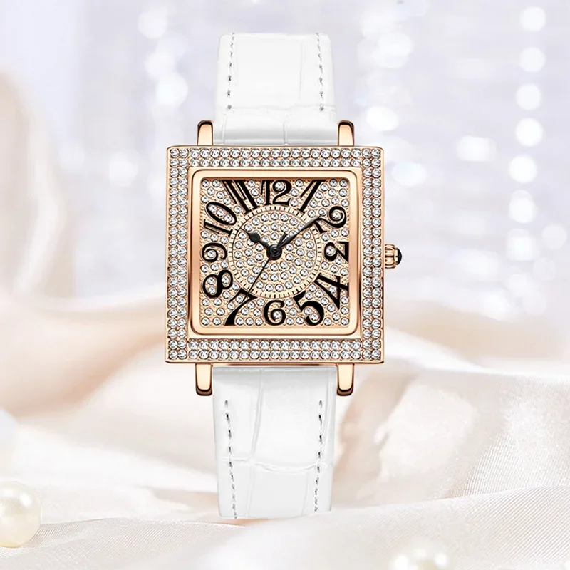 

Women Brand Luxury Watch Diamond Crystal Watches Leather Quartz Wrist Watch Ladies Gift Clock Square Shaped Fashion Wristwatch