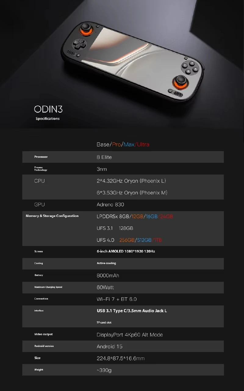 Ayn odin 3 console de jogos 6 ''1080p 120hz 8000mah tela amoled