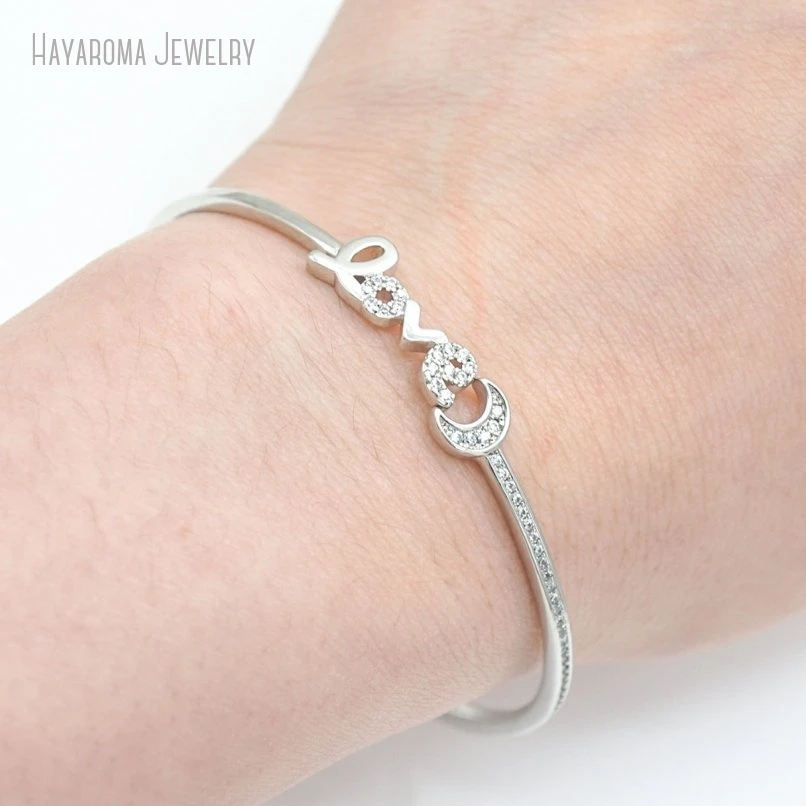 

5Pcs Silver Plated Cubic Zirconia Metal LOVE Alphabet Letter Shape Crescent Moon Wholesale Copper Boho Witch Bangle
