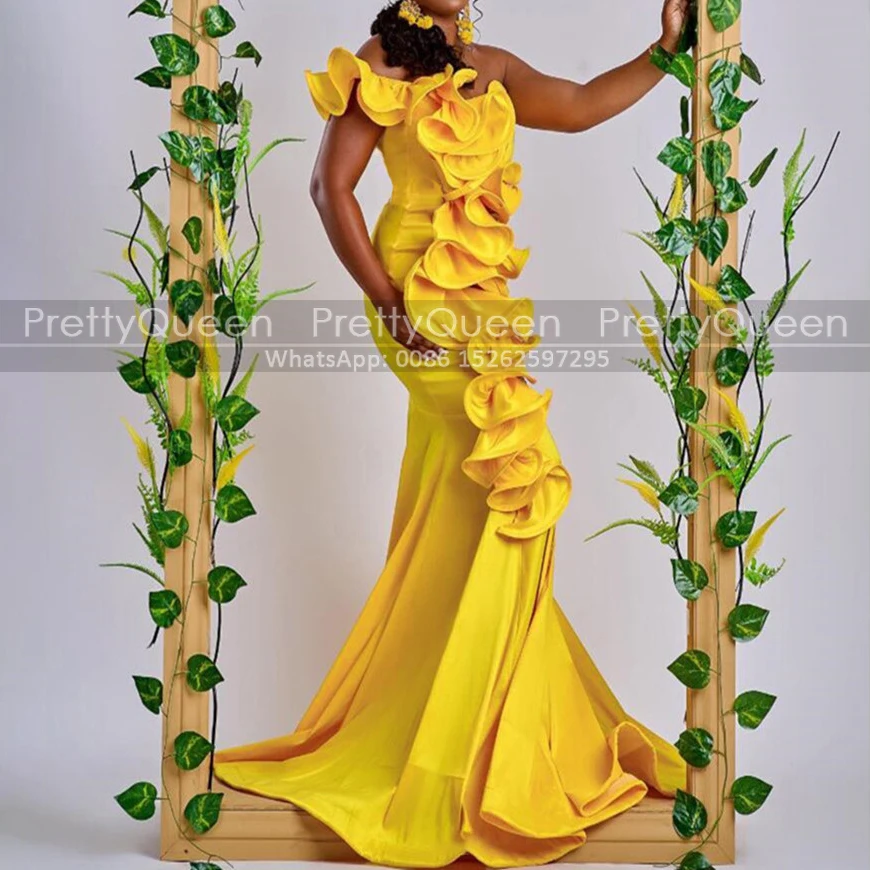 

Gold Yellow Ruffles Mermaid Evening Dress Customized One Shoulder Long Plus Size Women Sheath Sleeveless Party Reception Dress