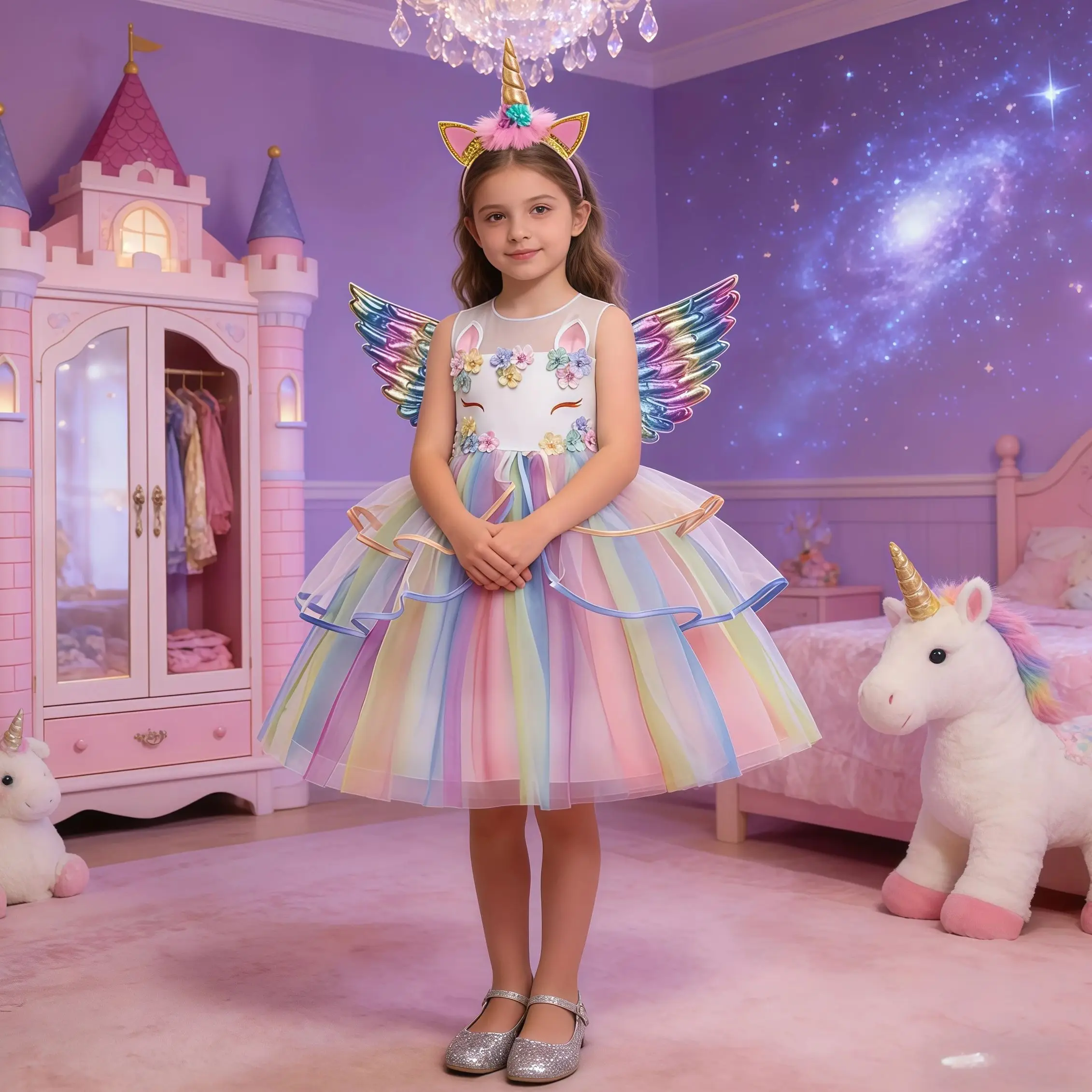 Fancy Festival Unicorn Costume Girls Rainbow Tulle Princess Dress For Children Carnival Wedding Birthday Party Formal Vestidos