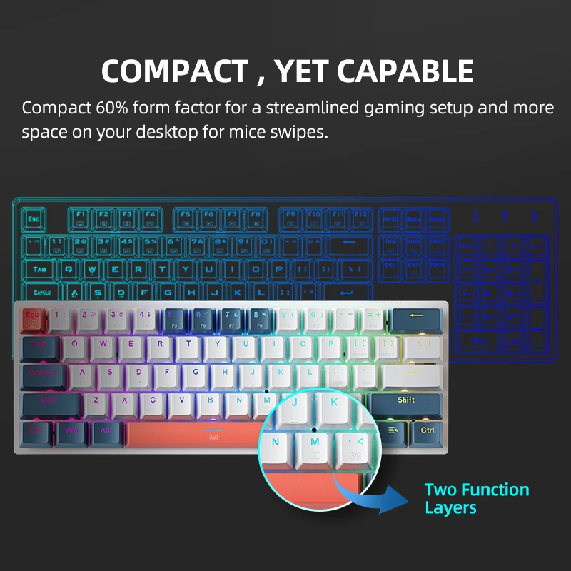 Machenike K500-B61 Mini Teclado Mecánico 60% Factor de Forma 61Teclas Teclado Gaming Con Cable Tecla Completa Retroiluminación RGB Hot-Swappable