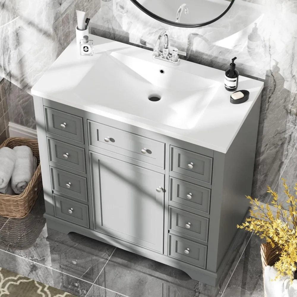 

36" Vanity Bathroom Cabinet with Sink Top, Six Multi-Functional Drawers, Adjustable Shelf, Grey