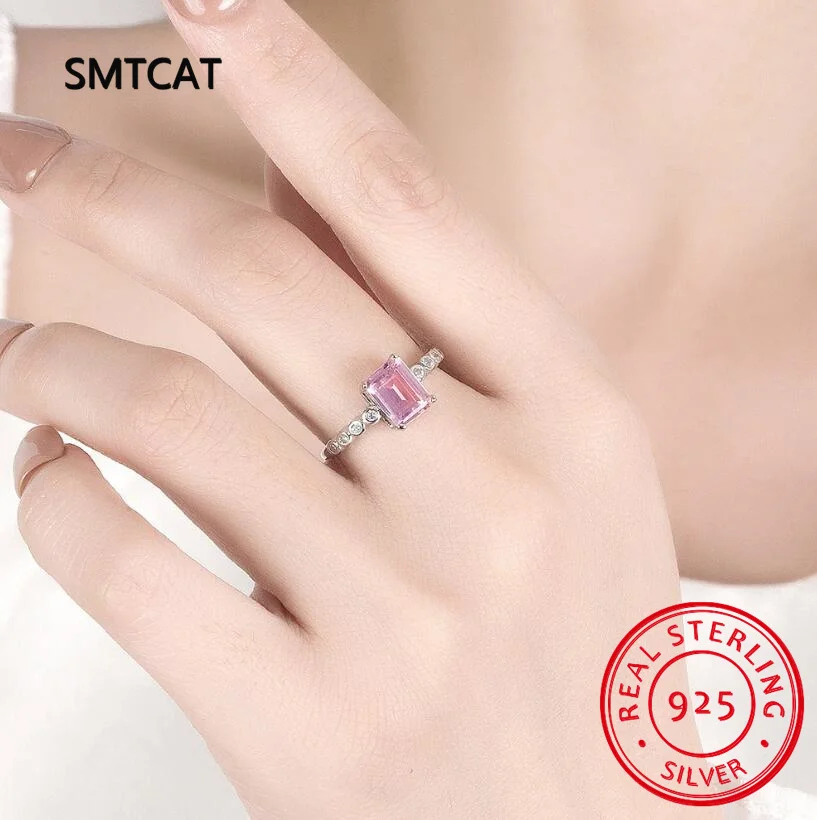 Emerald Cut Created Pink Sapphire 925 Sterling Silver Geometric Rectangle Adjustable Ring for Women Statement Gemstone Jewelry