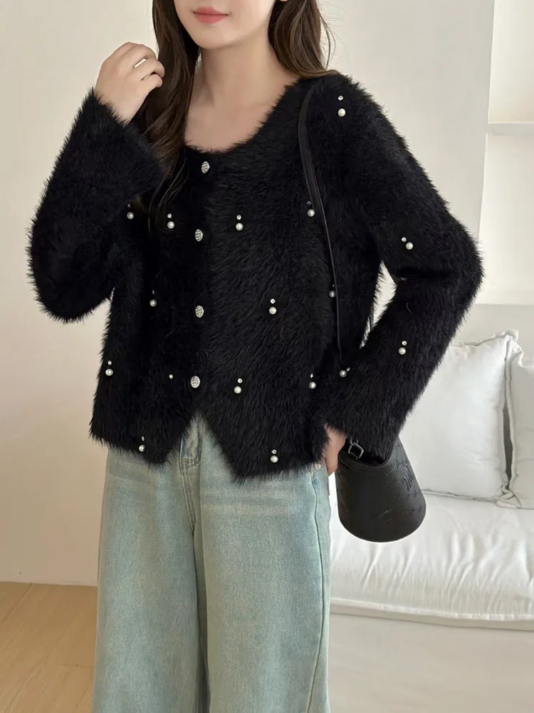 Peals Diamonds Beading Mink Cashmere Sweater Jackets Women's Autumn Winter Sweet Long Sleeve Knitted Cropped Cardigan Coat