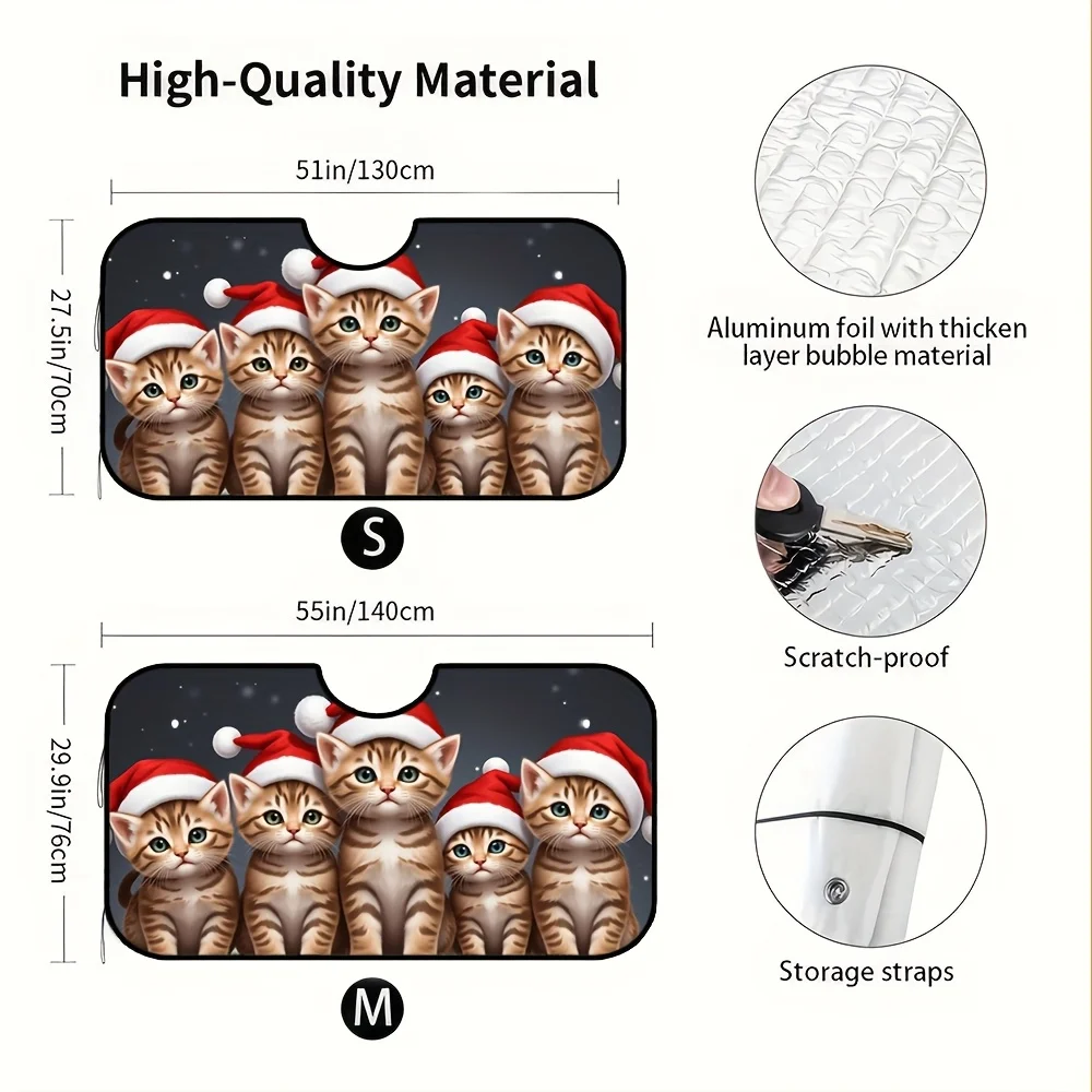 1pc, Christmas Kittens Design Car Windshield Sunshade, Christmas Foldable Front Window Cover, Perfect For Cold Season Driving, H
