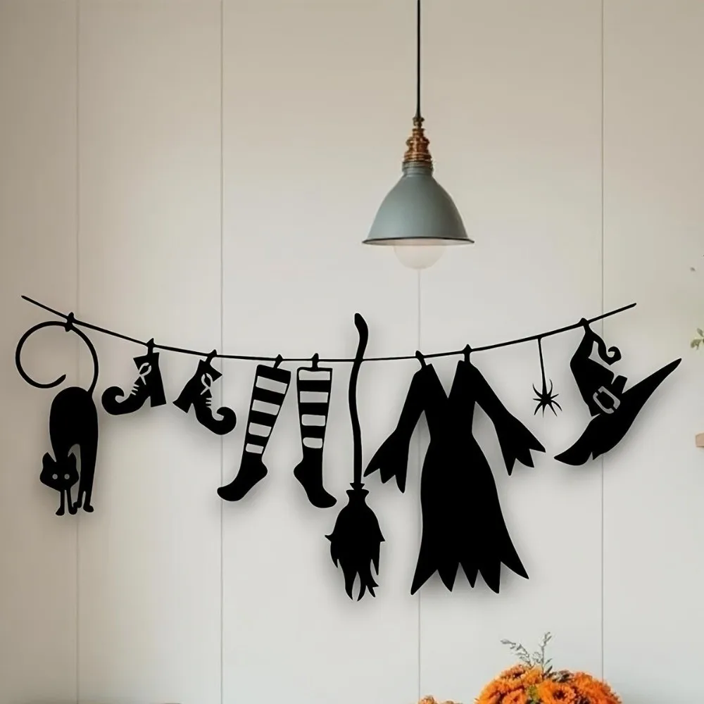Acrylic Halloween Witch Hat Wall Art Spooky Witch Broom Halloween Wall Hanging Minimal Funny Witch Cloak Hat Party Bunting