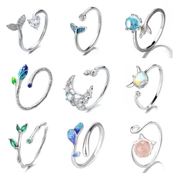Neue Mode Whale Tale Meerjungfrau Blau Grün Blatt Silber Farbe Finger Ringe Stapelbar Mond Stein Für Frauen Schmuck Geschenk Dropship