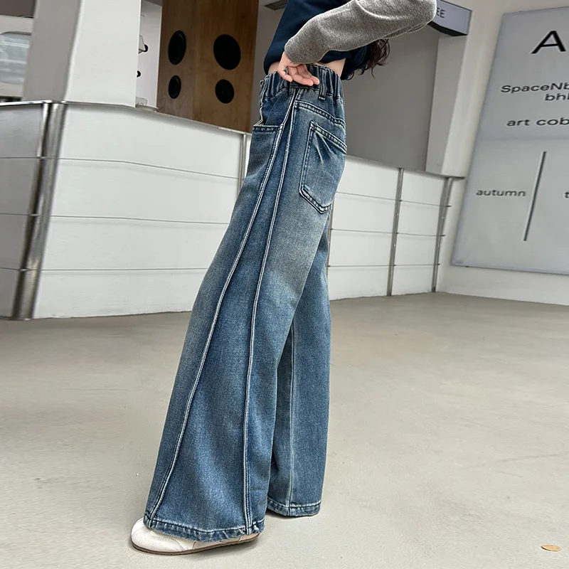 جديد الخريف توين فتاة الجينز الأزرق الداكن طوي واسعة الساق الدنيم السراويل الاطفال الطفل الربيع عالية الخصر الجينز السراويل سن 4 إلى 14 Y #3