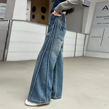 Girls Dark Blue Foldable Wide-Leg Jeans 3 New Autumn Tween Girl Dark Blue Jeans Foldable Wide Leg Denim Pants Kids Child Spring High Waist Jeans Trousers Age 4 To 14 Y 3