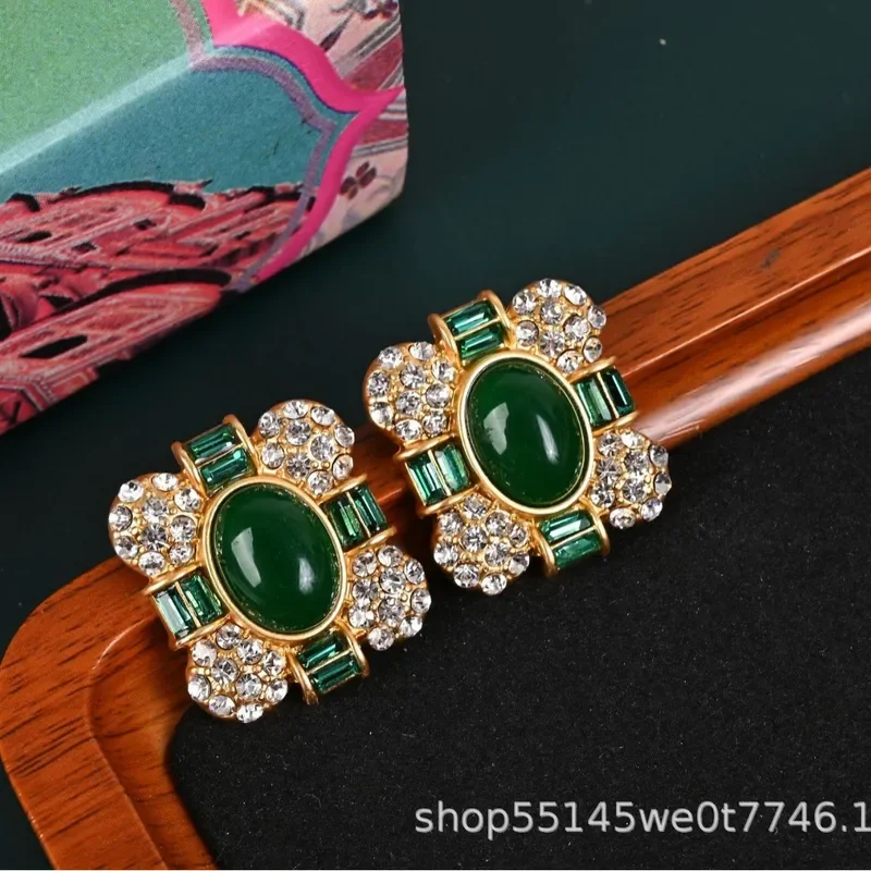 Spring and Summer Vintage Square Heavy Industry Earrings Color Glazed Ears Full Diamond 925 Pin Earrings Women's Geometric