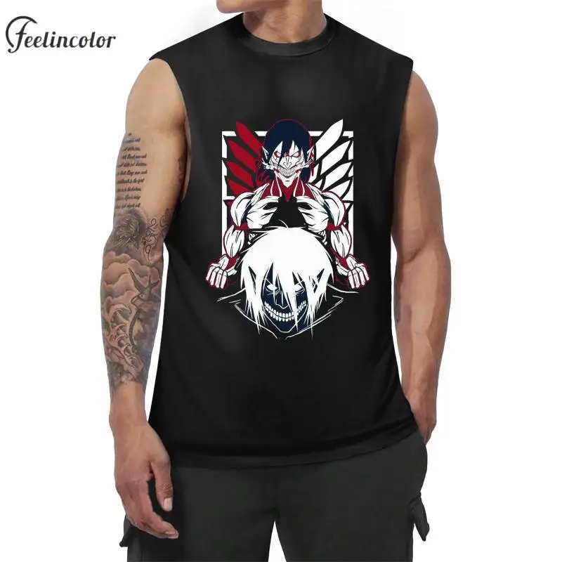 

Japanese Anime Print Sleeveless T-Shirts for Men Titan Graphic Tank Tops Casual Crew Neck Vest Plus Size Male Streetwear