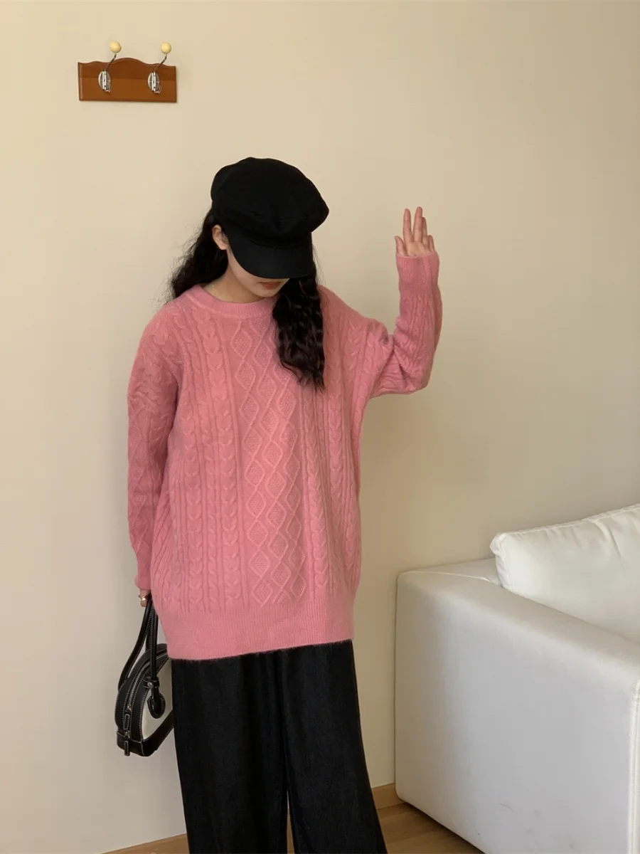 Zachte lange Sve gebreide trui Overhead Los Warm Lang Sve Knitwear rond Ne Casual Comfortabel All-Match Zacht Roze S...