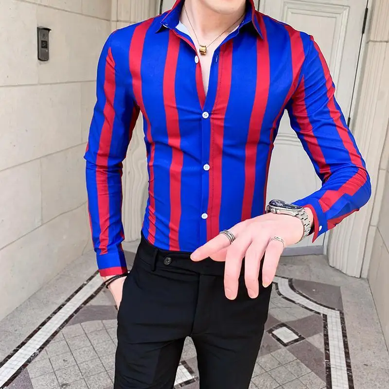 

High Quality Men’s Spring&Autumn Fashion Stripe Prints Long Sleeve Casual Shirts Slim-fit Handsome All Match Street Shirt;