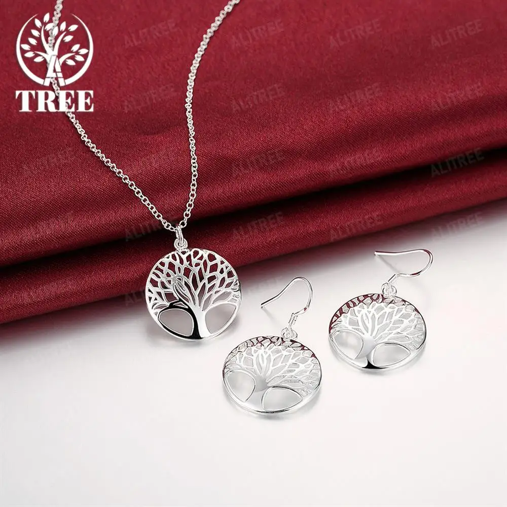 

New Popular brands 925 Sterling Silver Fine Round leaves Pendant necklace earrings for woman Jewelry sets Fashion Party wedding