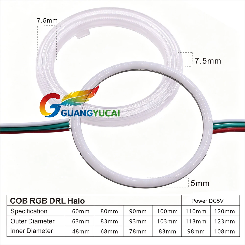 DC5V COB RGB Halo Ring LED Lights 60-120mm Chasing Color for Car Motorcycle Bluetooth WiFi App Control Changeable DRL