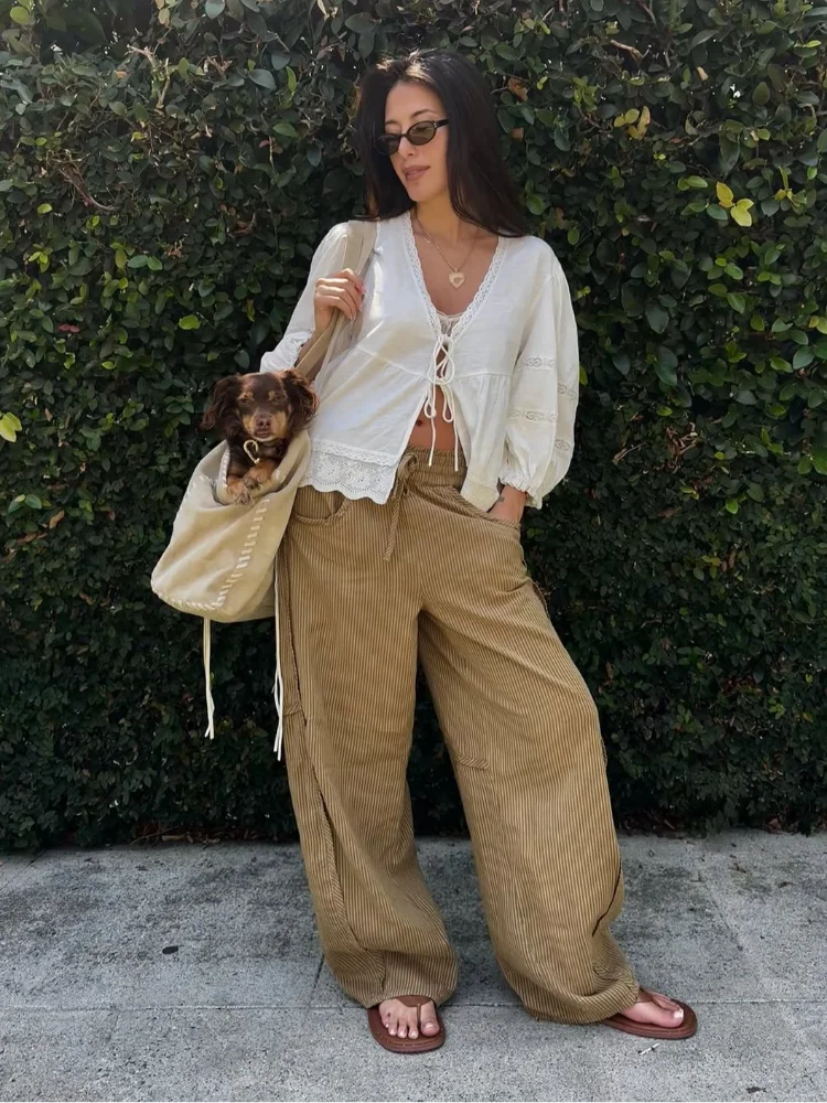 

Шикарные полосатые брюки с эластичной резинкой на талии, женские модные прямые широкие брюки с высокой талией на шнуровке, 2026, женская повседневная одежда для поездок на работу