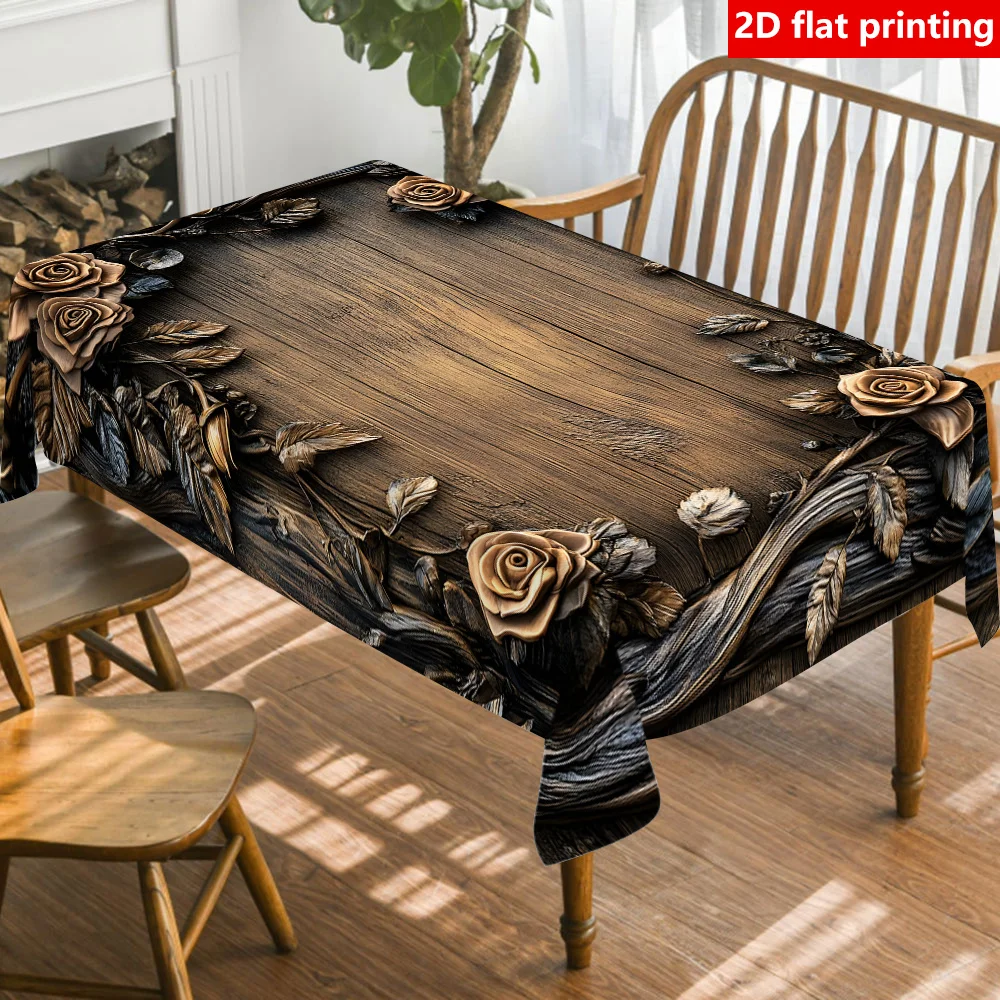 2D flat printing, 1pc printed rectangular tablecloth, durable polyester tablecloth, with floral decorations at the edges