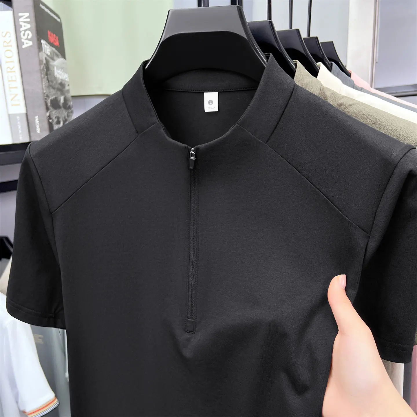 Polo Men's Casual Fashion Zippered Solid Color Short Sleeve Polo Shirt Stand up Collar Versatile Comfortable Top