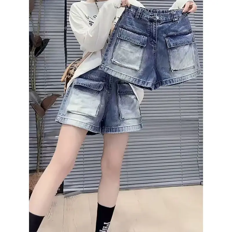 Elastic Waist Denim Shorts for Women Summer A-line Wide-leg Overalls Versatile Fashionable Hot Pants