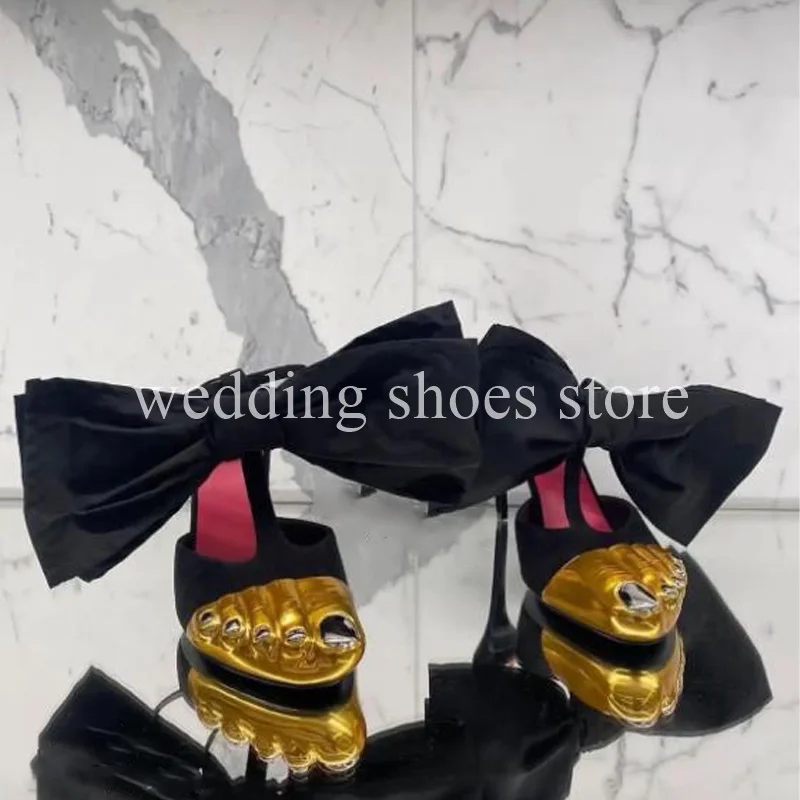 

New Golden Five Toes Runway Look Bow Sandals High-Heel Wedding Genuine Leather Summer Party Stiletto Heel Women Shoes