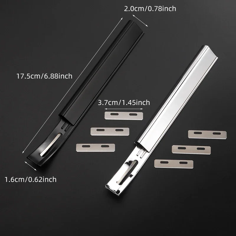 مجموعة واحدة من أدوات القطع ذاتية الصنع من الجلد المعدني مع 3 قطع شفرة سكيفر بديلة، حرفة جلدية رفيعة - أسود/فضي