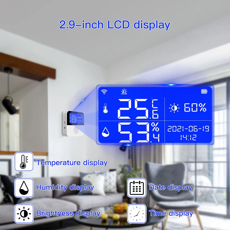 Imagem -02 - App Tuya Smart Life Home com Luz de Fundo Função Wifi Interior Sala de Estar Escritório Led Display Digital Temperatura Sensor de Umidade