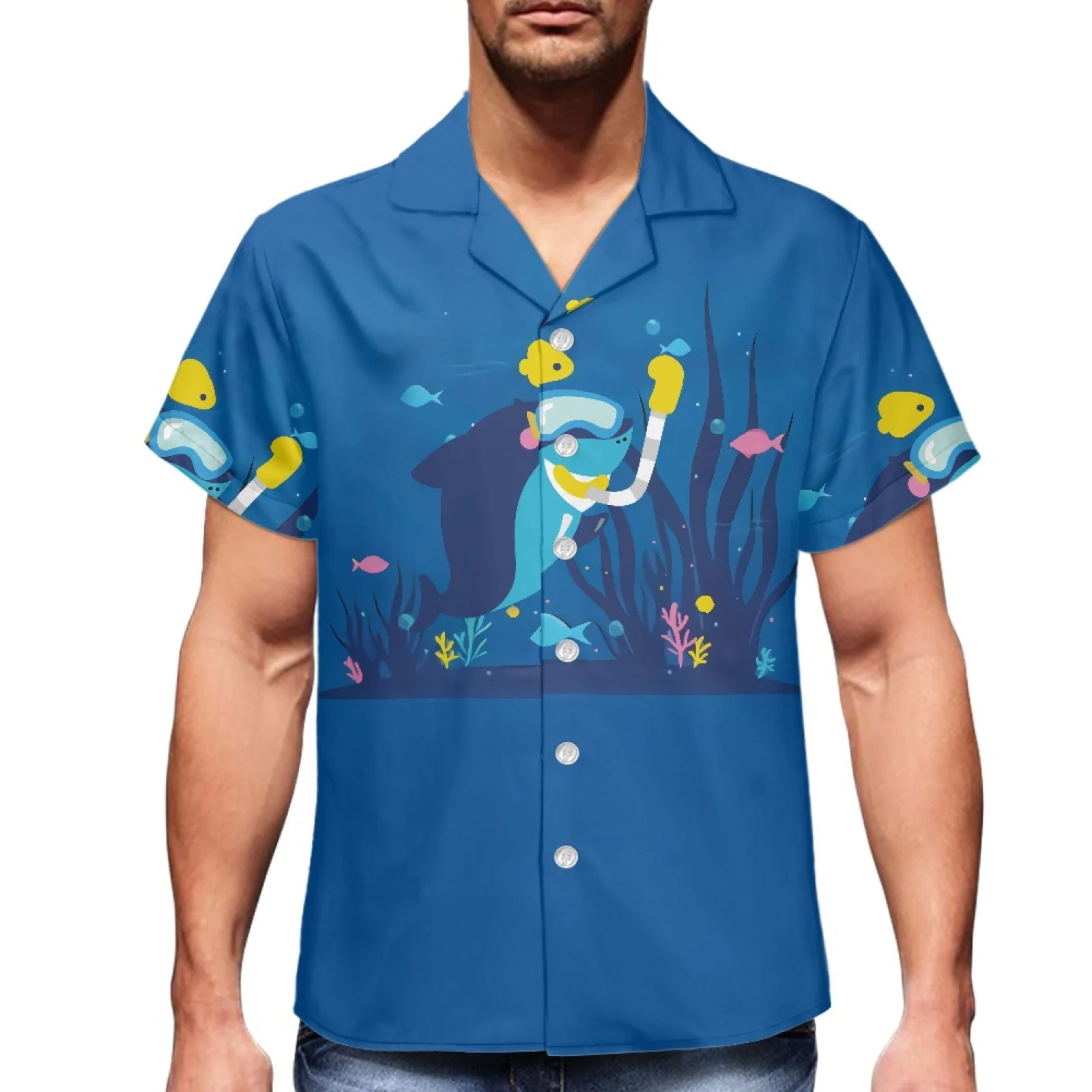 

Shark Cartoon Hawaiian Style Printed Luxury men's Summer Beach V-Neck Short Sleeve men's Sports Travel Men's Slim Fit Shirt