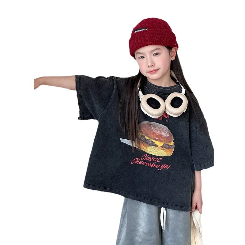 Koreaanse 2024 Zomer Kleine Jongens Tops Hamburger Bedrukt Losse Peuter Jongens Ronde Kraag Katoen Cool Maken Oude Kinderen Jongens T-Shirt