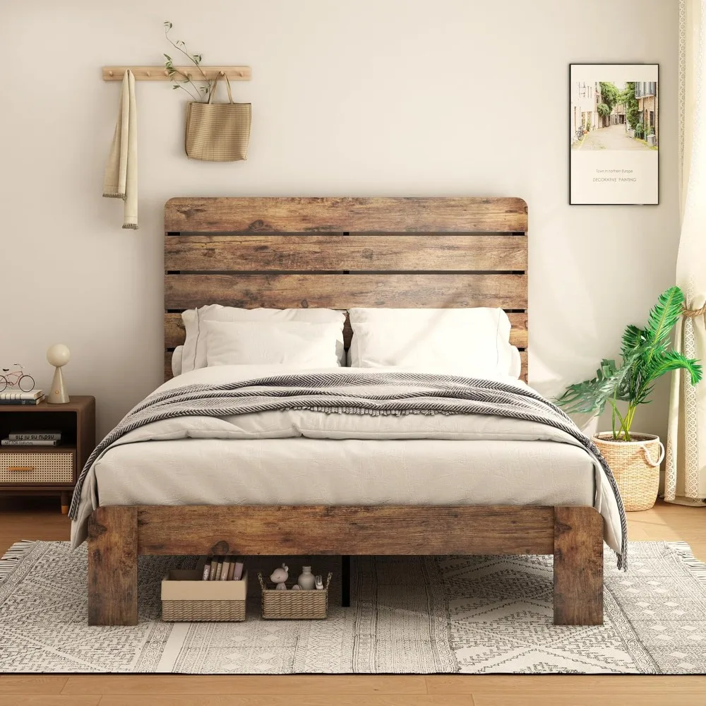 

Full Size Bed Frame with Wooden Headboard and Footboard, Rustic Platform Bedframe, Wood Slats Support, Customized