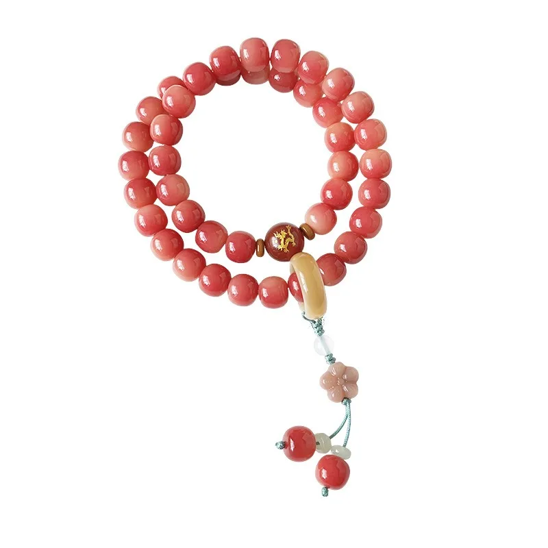 Double Circle Wax Bodhi Root Bracelet with Bayberry Pattern Chinese Zodiac Prayer Beads for Women Gifts