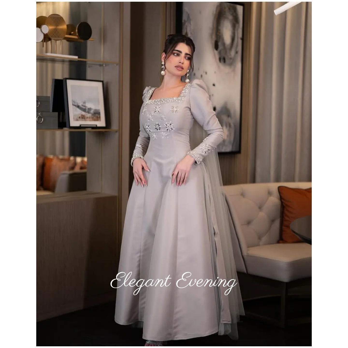 

Длинные рукава с квадратным вырезом Вечерние платья с скользящим шлейфом длиной до пола, платья для выпускного вечера с блестками и бисером, свадебное платье по индивидуальному заказу