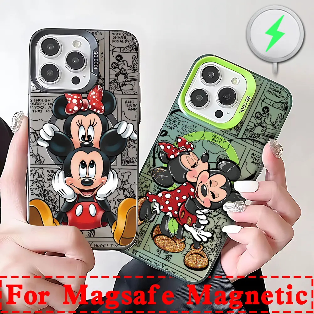 Anime Mickey Lover Minnie Magsafe Magnetic Phone Case for IPhone 11 12 13 14 15 16 Pro Max Plus Border Silver Plated Cover