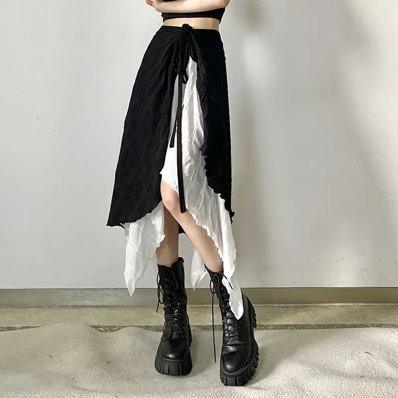 Harajuku Punk Style Skirts for Women, High Waist Splicing, Irregular Gothic Skirt, Black and White Streetwear, Lace Up, Fashion