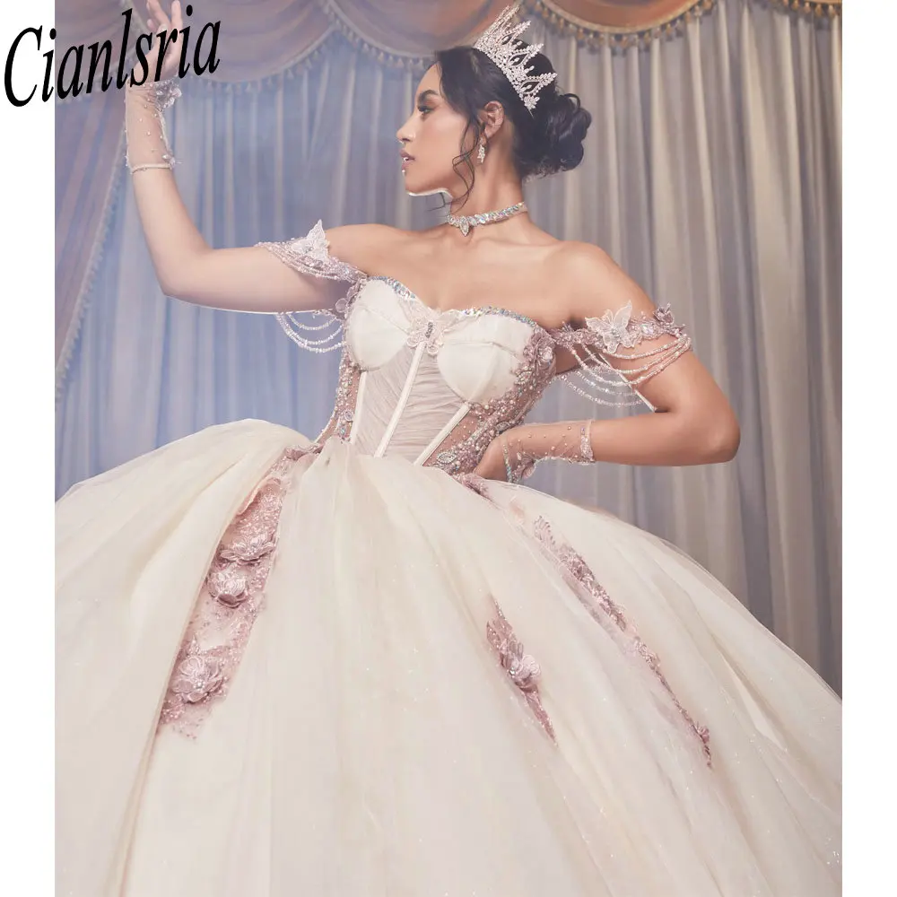 Robes de Quinceanera en dentelle avec appliques de fleurs 3D ivoire, robe de Rh, perles de cristal, fête d'anniversaire Sweet 15, Off The Initiated