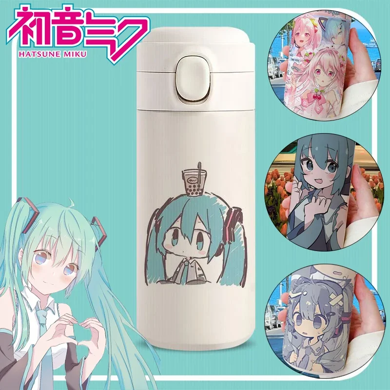 

Термосы Hatsune Miku 420 мл, кавайная аниме-фигурка, бутылка для воды с принтом, вакуумные фляжки из нержавеющей стали, кофейная чашка виртуальной певицы