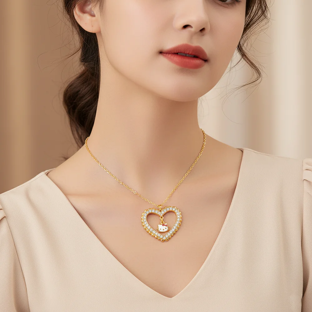 Sanrio Hello Kitty Kalung Liontin Berlian Imitasi Berbentuk Hati Berongga y2k Aksesori Mainan Wanita Hadiah Modis