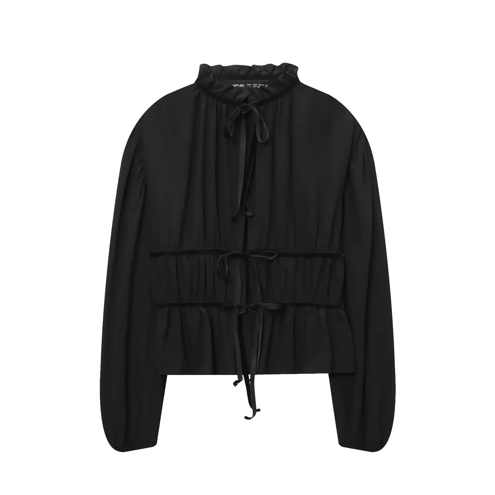 Women's Black Long-Sleeve Shirt Autumn Winter Fashion Versatile Sexy Casual Bow Top Tie Detail Ruffled Drawstring Chiffon Blouse