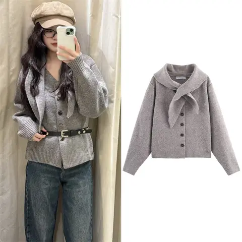 Giacca da donna 2025 Autunno Nuovo arrivo Grigio a maniche lunghe Sciarpa-Decorata Semplice Giacca cardigan in maglia Moda casual Versatile