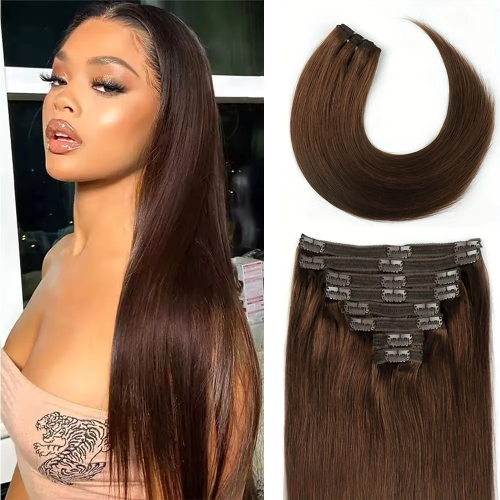 

# 4 шоколадно-коричневых прямых заколок для наращивания человеческих волос 8-24 дюйма, 100% заколка для человеческих волос Remy, 110 г, 8 шт./компл., полная голова