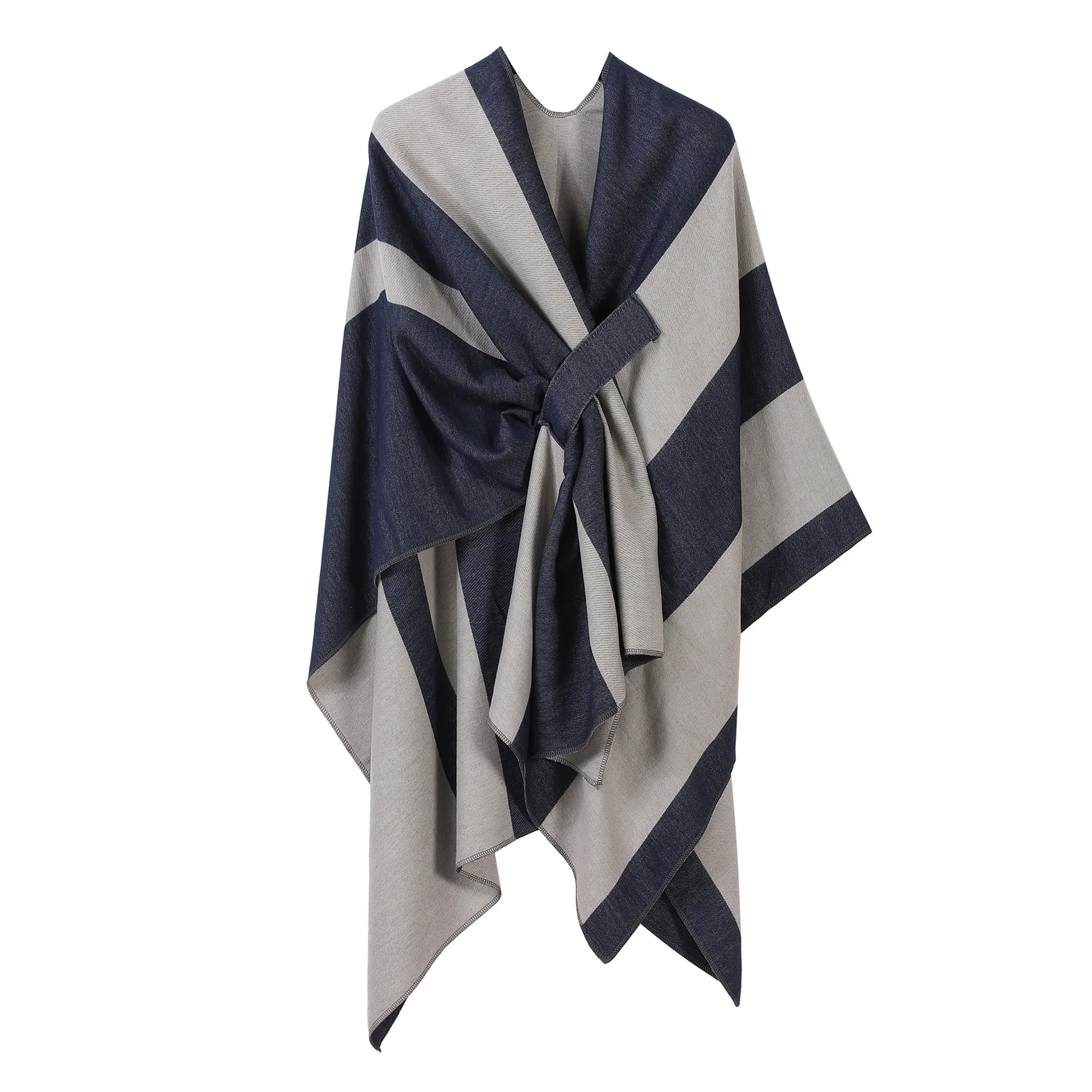 2025 new striped contrasting French shawl with bar slit double-sided fashionable versatile travel photography cape Poncho Cloak